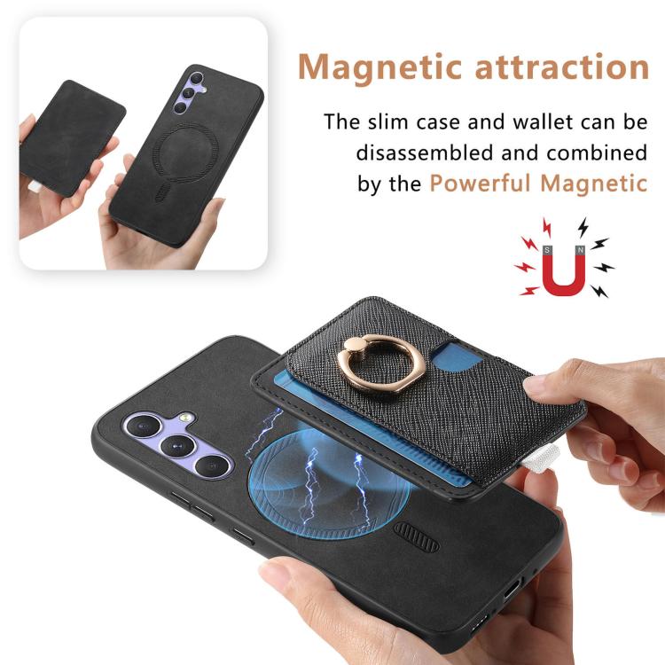 For Samsung Galaxy S23+ 5G Retro Cross Leather Ring Side Insert Card Bag MagSafe Phone Case