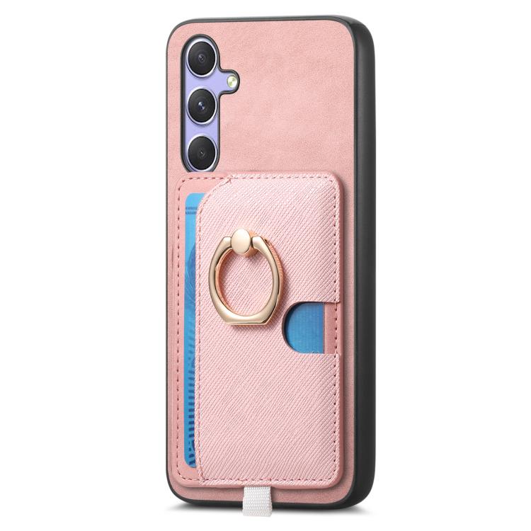 For Samsung Galaxy A14 Retro Cross Leather Ring Side Insert Card Bag MagSafe Phone Case