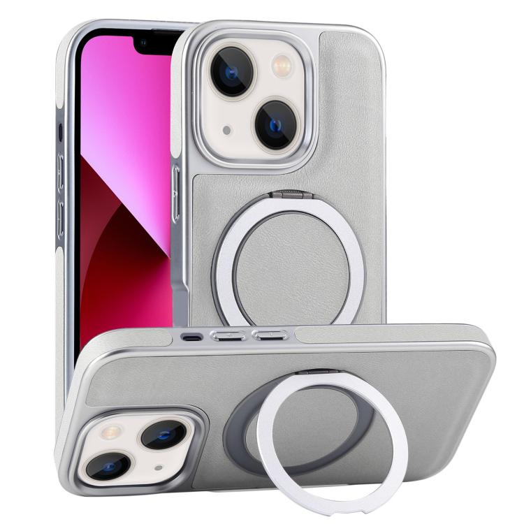 For iPhone 13 Plated Leather Grain Rotation MagSafe Holder Phone Case