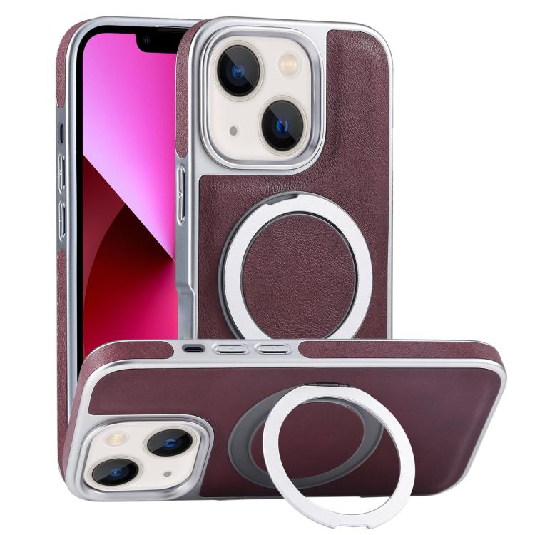 For iPhone 13 Plated Leather Grain Rotation MagSafe Holder Phone Case