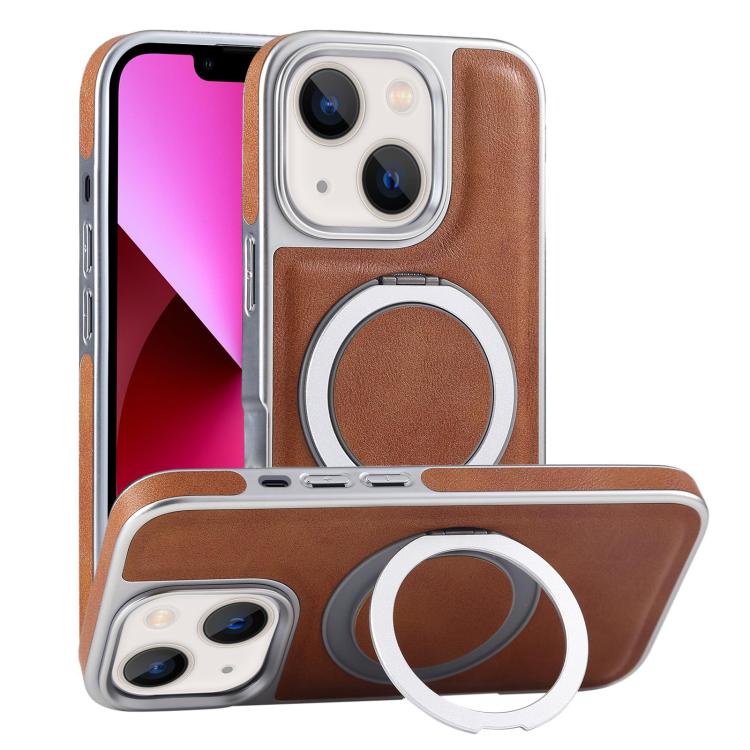 For iPhone 13 Plated Leather Grain Rotation MagSafe Holder Phone Case