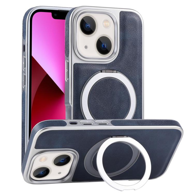 For iPhone 13 Plated Leather Grain Rotation MagSafe Holder Phone Case