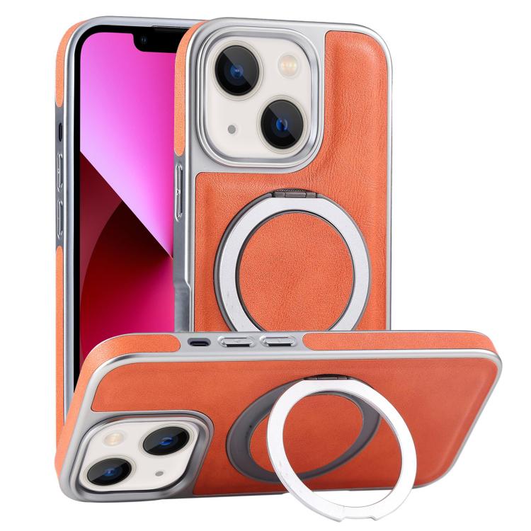 For iPhone 13 Plated Leather Grain Rotation MagSafe Holder Phone Case