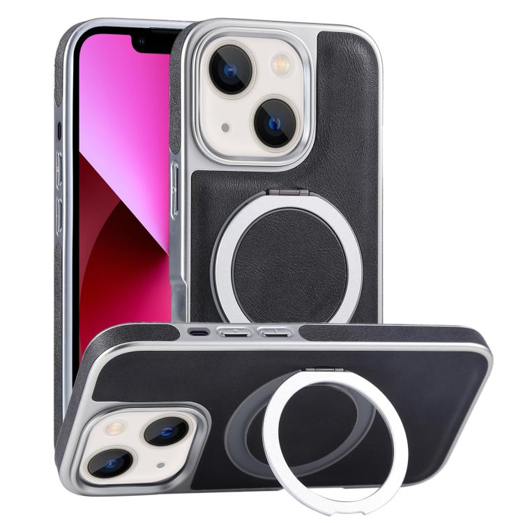 For iPhone 13 Plated Leather Grain Rotation MagSafe Holder Phone Case