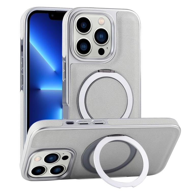 For iPhone 13 Pro Plated Leather Grain Rotation MagSafe Holder Phone Case