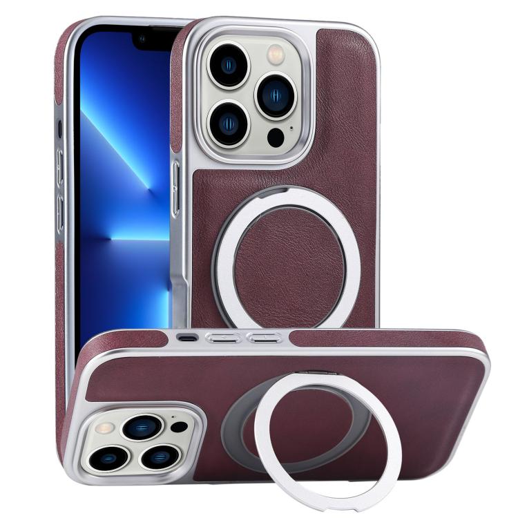 For iPhone 13 Pro Plated Leather Grain Rotation MagSafe Holder Phone Case