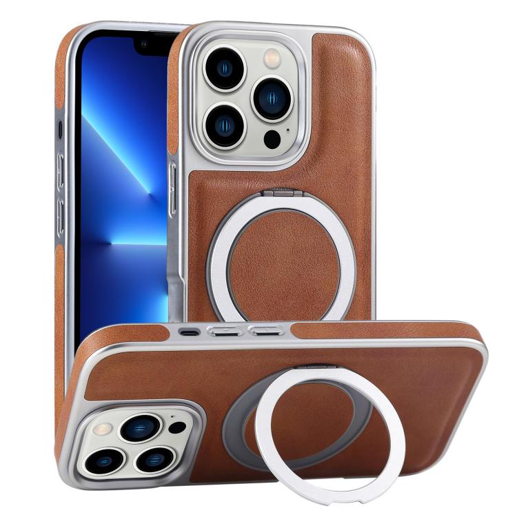 For iPhone 13 Pro Plated Leather Grain Rotation MagSafe Holder Phone Case