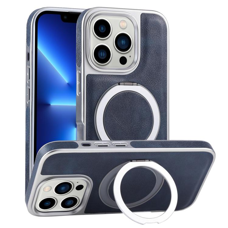 For iPhone 13 Pro Plated Leather Grain Rotation MagSafe Holder Phone Case