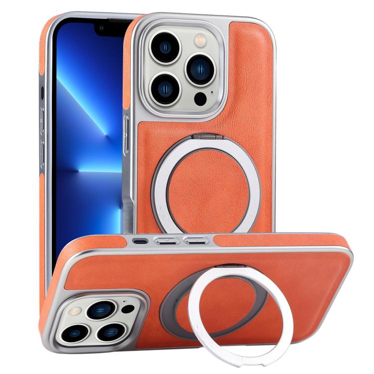 For iPhone 13 Pro Plated Leather Grain Rotation MagSafe Holder Phone Case