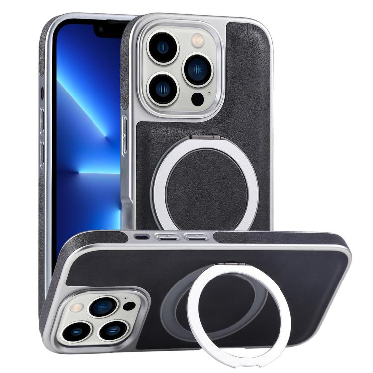 For iPhone 13 Pro Plated Leather Grain Rotation MagSafe Holder Phone Case