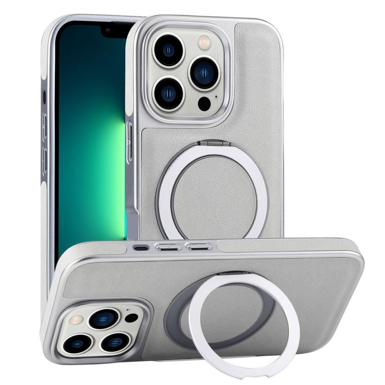 For iPhone 13 Pro Max Plated Leather Grain Rotation MagSafe Holder Phone Case