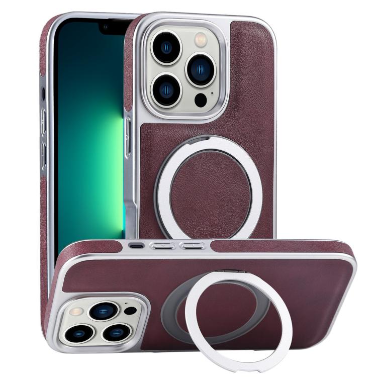 For iPhone 13 Pro Max Plated Leather Grain Rotation MagSafe Holder Phone Case