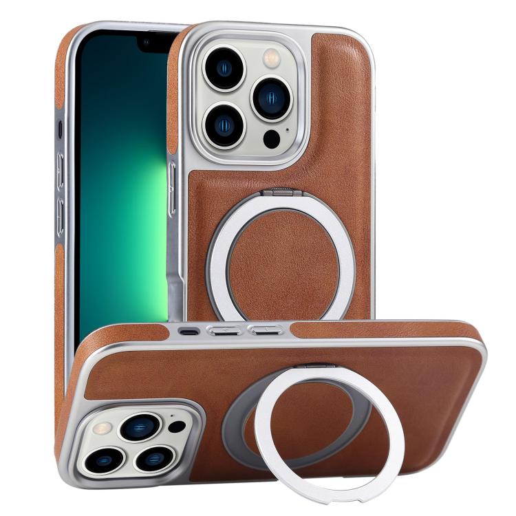 For iPhone 13 Pro Max Plated Leather Grain Rotation MagSafe Holder Phone Case