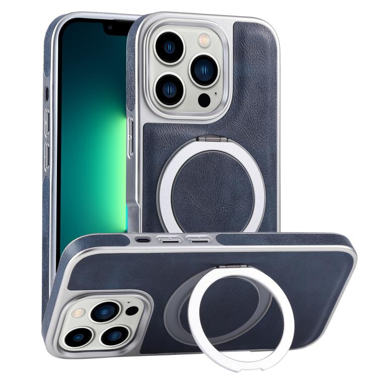For iPhone 13 Pro Max Plated Leather Grain Rotation MagSafe Holder Phone Case