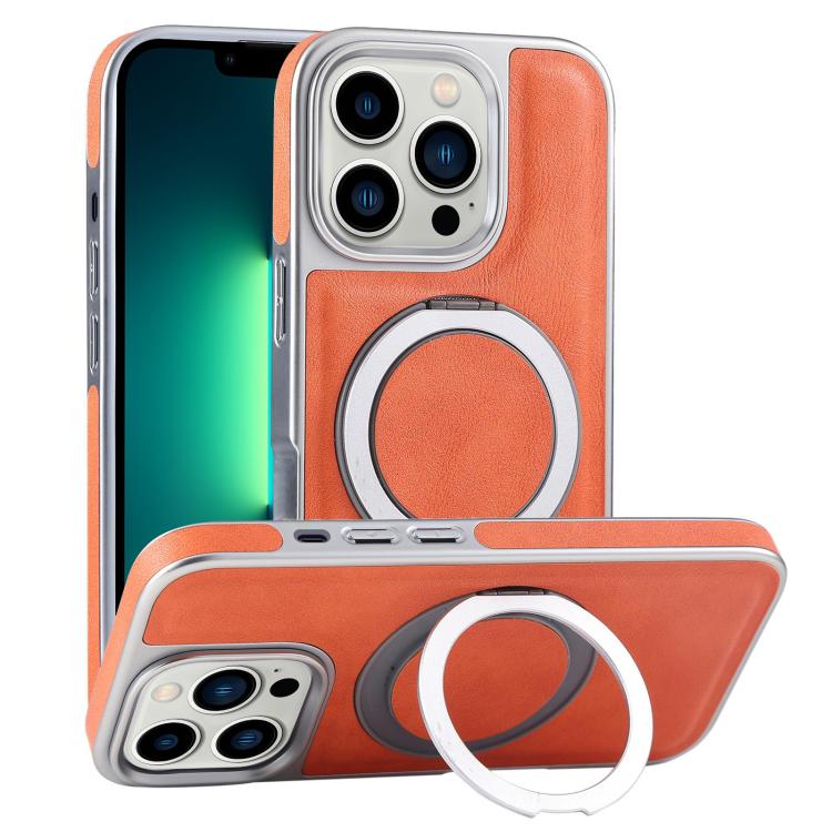 For iPhone 13 Pro Max Plated Leather Grain Rotation MagSafe Holder Phone Case