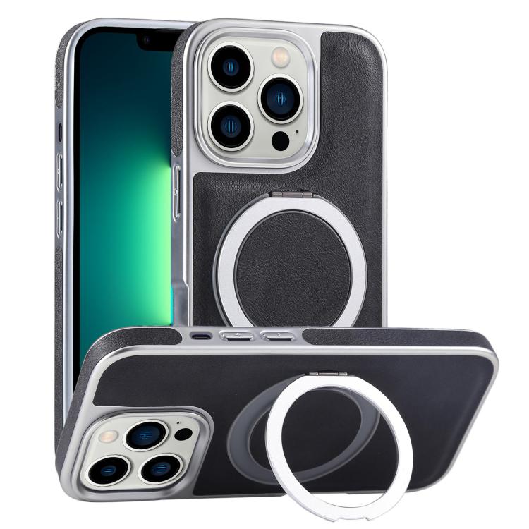 For iPhone 13 Pro Max Plated Leather Grain Rotation MagSafe Holder Phone Case