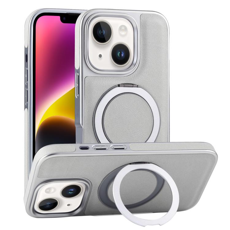 For iPhone 14 Plus Plated Leather Grain Rotation MagSafe Holder Phone Case