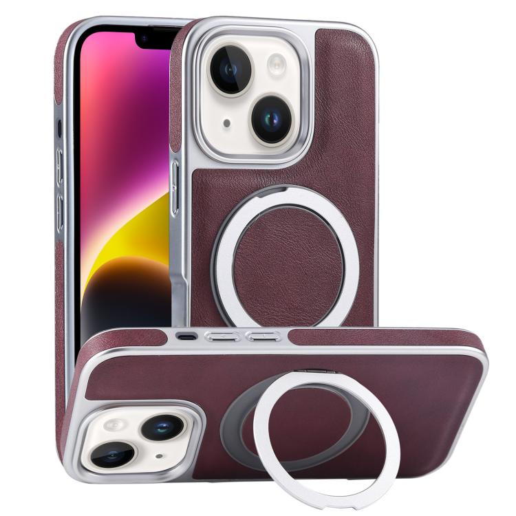 For iPhone 14 Plus Plated Leather Grain Rotation MagSafe Holder Phone Case