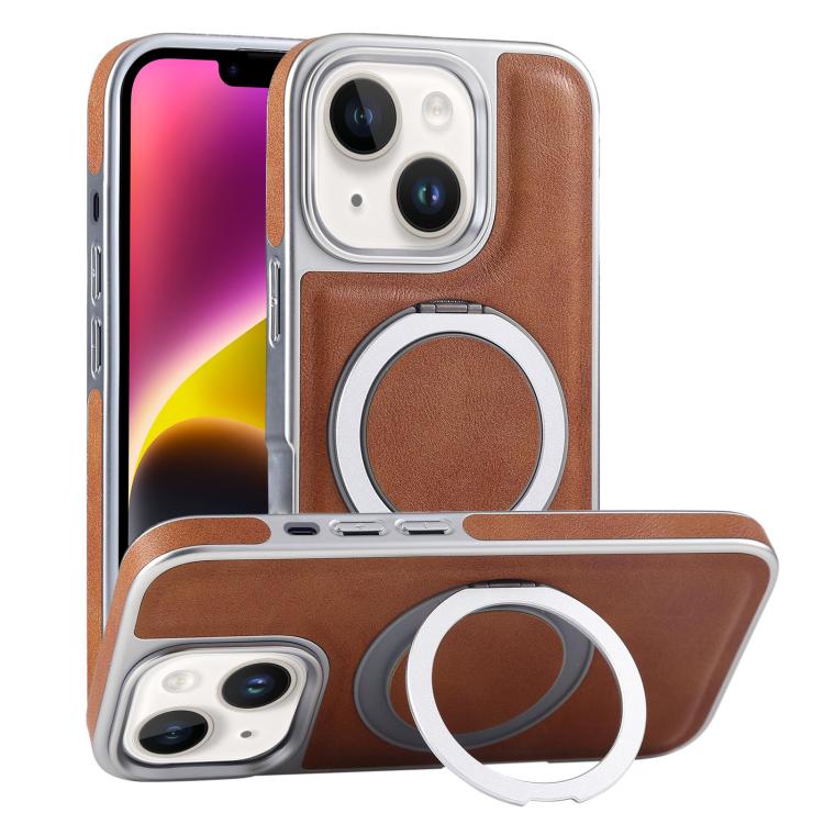 For iPhone 14 Plus Plated Leather Grain Rotation MagSafe Holder Phone Case