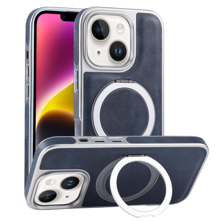 For iPhone 14 Plus Plated Leather Grain Rotation MagSafe Holder Phone Case