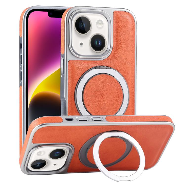 For iPhone 14 Plus Plated Leather Grain Rotation MagSafe Holder Phone Case