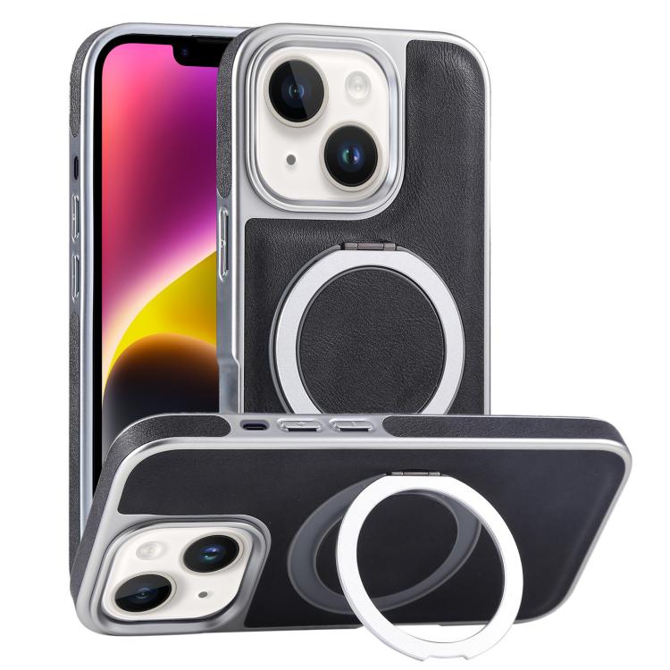 For iPhone 14 Plus Plated Leather Grain Rotation MagSafe Holder Phone Case
