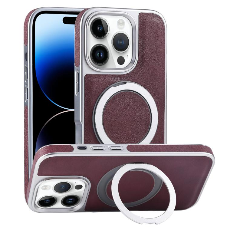 For iPhone 14 Pro Plated Leather Grain Rotation MagSafe Holder Phone Case