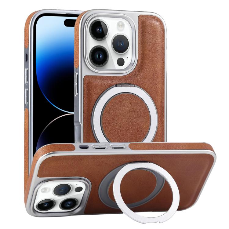 For iPhone 14 Pro Plated Leather Grain Rotation MagSafe Holder Phone Case