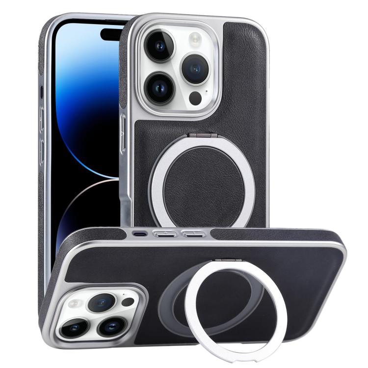 For iPhone 14 Pro Plated Leather Grain Rotation MagSafe Holder Phone Case