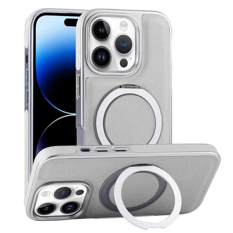 For iPhone 14 Pro Max Plated Leather Grain Rotation MagSafe Holder Phone Case