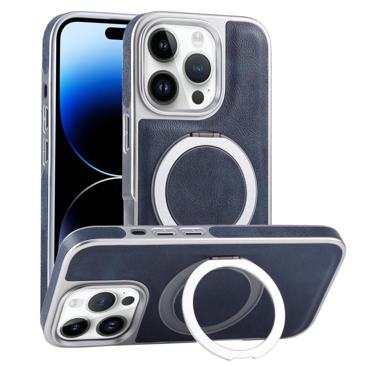 For iPhone 14 Pro Max Plated Leather Grain Rotation MagSafe Holder Phone Case