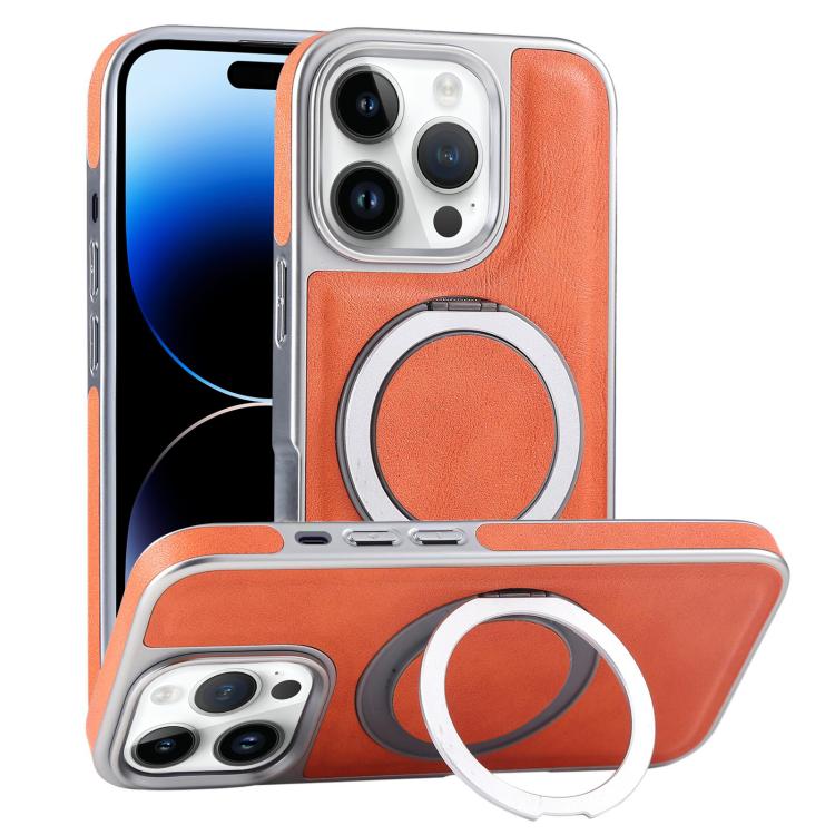 For iPhone 14 Pro Max Plated Leather Grain Rotation MagSafe Holder Phone Case