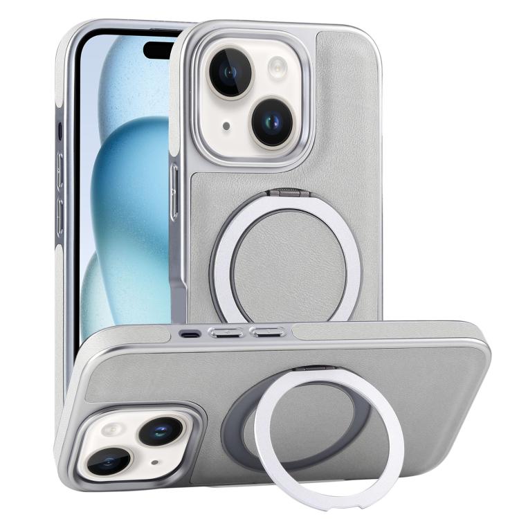 For iPhone 15 Plated Leather Grain Rotation MagSafe Holder Phone Case