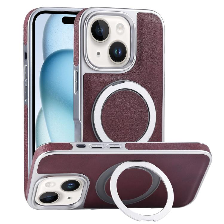 For iPhone 15 Plated Leather Grain Rotation MagSafe Holder Phone Case