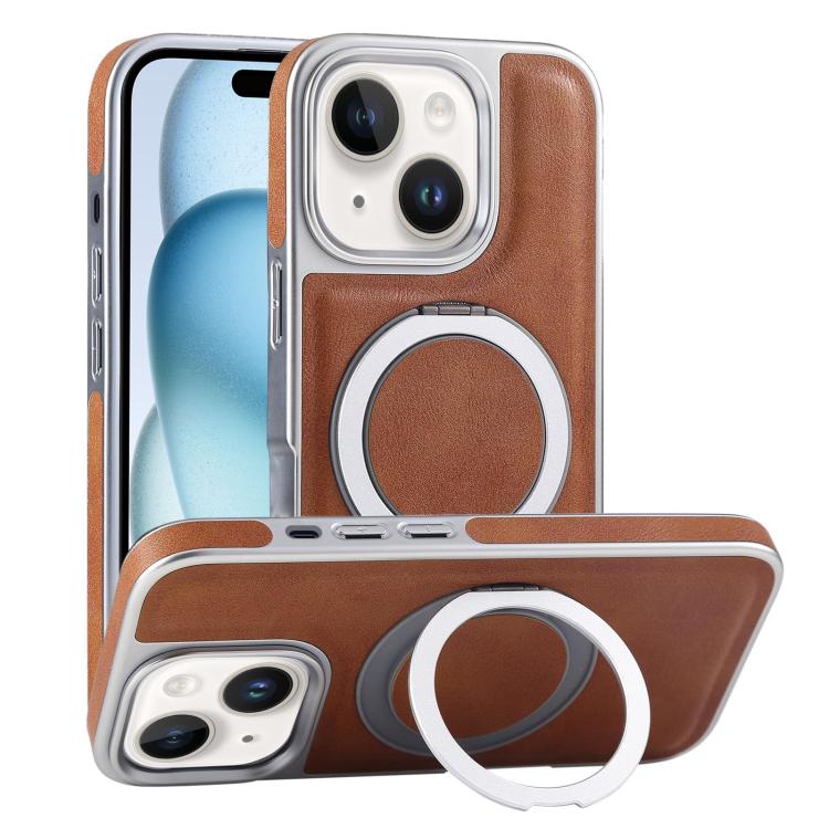 For iPhone 15 Plated Leather Grain Rotation MagSafe Holder Phone Case