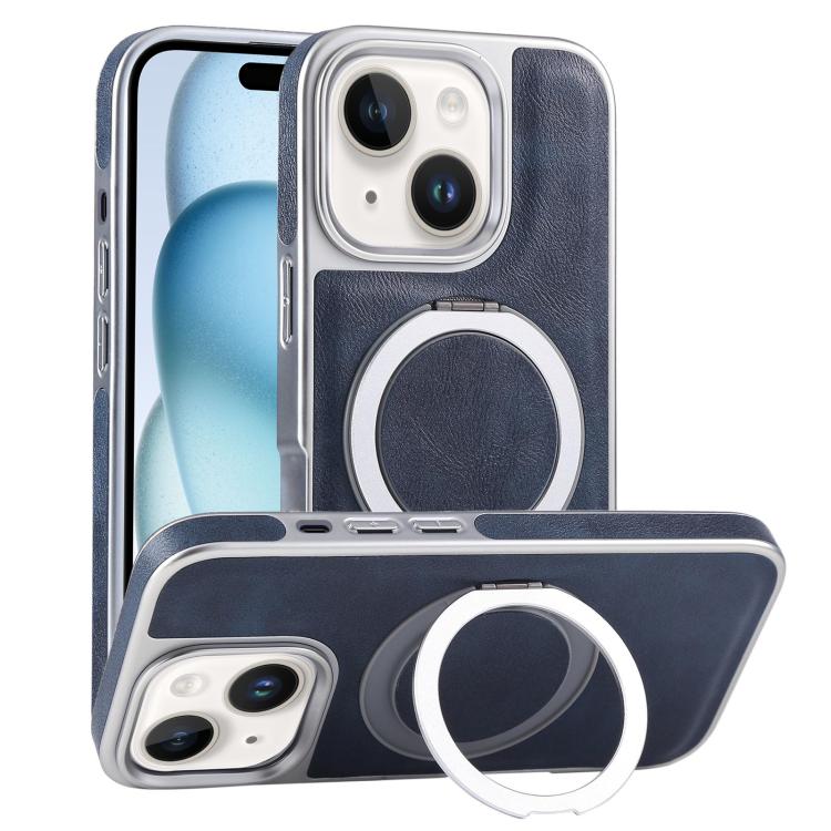 For iPhone 15 Plated Leather Grain Rotation MagSafe Holder Phone Case