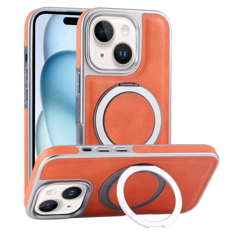 For iPhone 15 Plated Leather Grain Rotation MagSafe Holder Phone Case