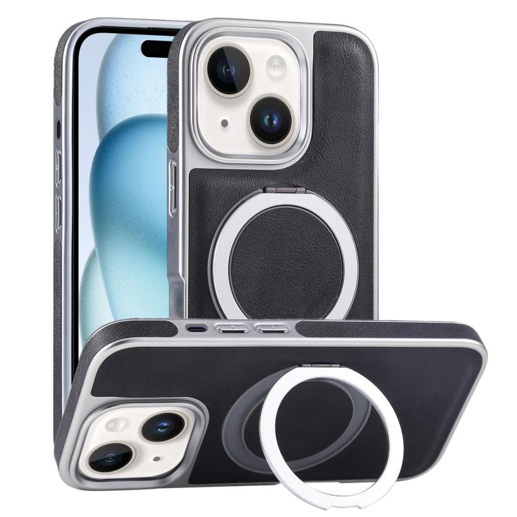 For iPhone 15 Plated Leather Grain Rotation MagSafe Holder Phone Case