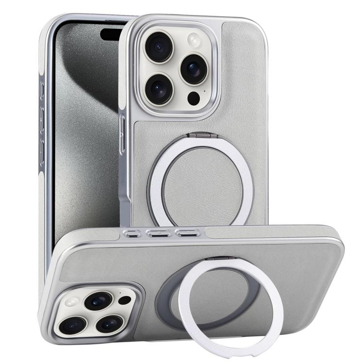 For iPhone 15 Pro Plated Leather Grain Rotation MagSafe Holder Phone Case