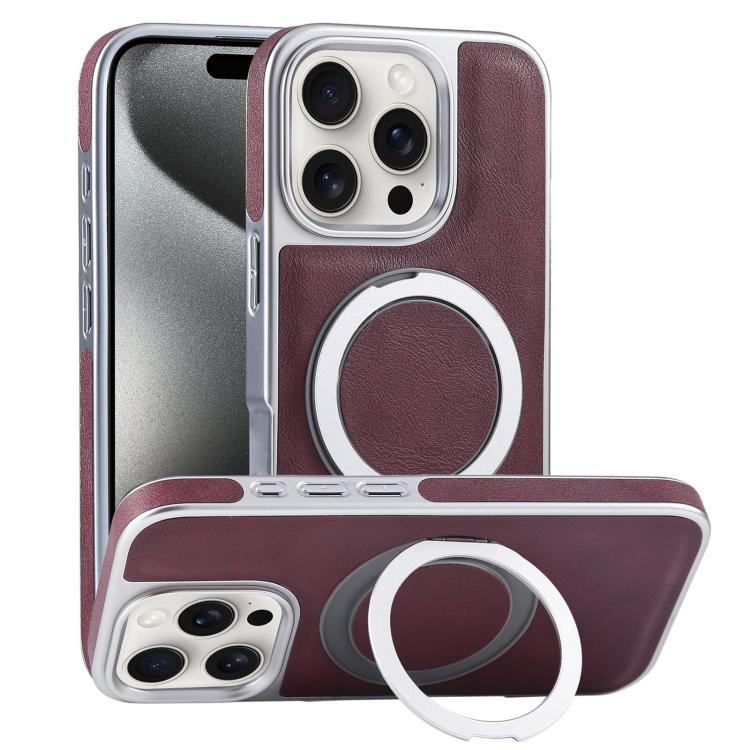 For iPhone 15 Pro Plated Leather Grain Rotation MagSafe Holder Phone Case