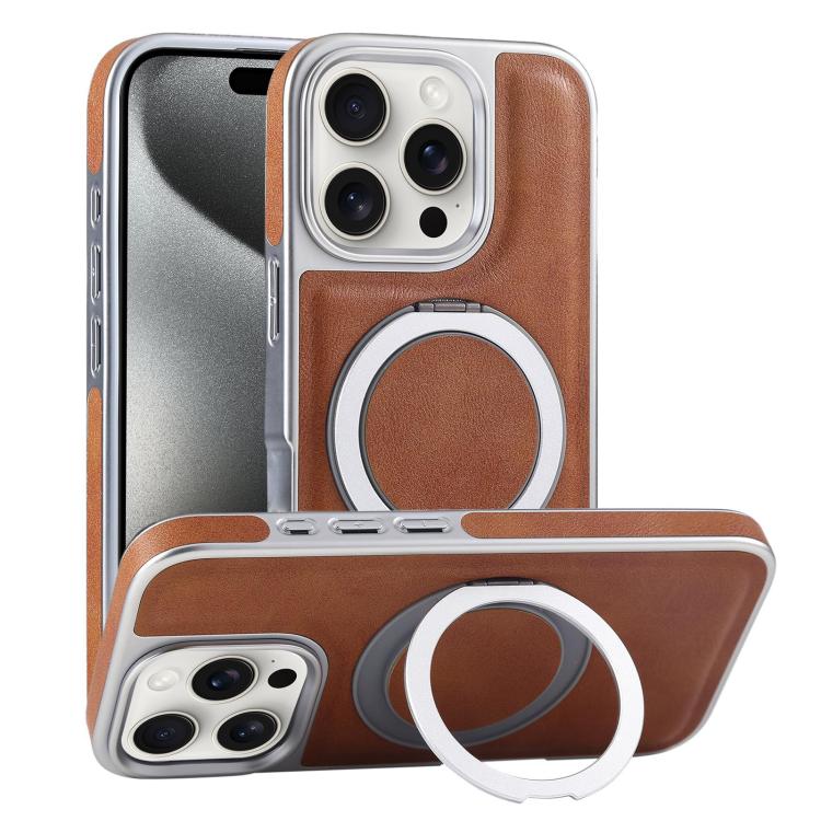 For iPhone 15 Pro Plated Leather Grain Rotation MagSafe Holder Phone Case