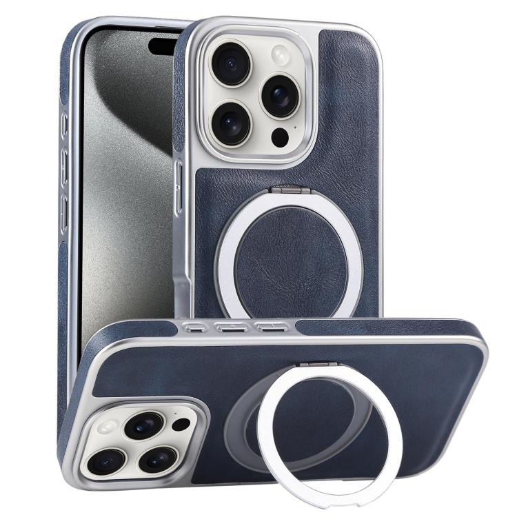For iPhone 15 Pro Plated Leather Grain Rotation MagSafe Holder Phone Case
