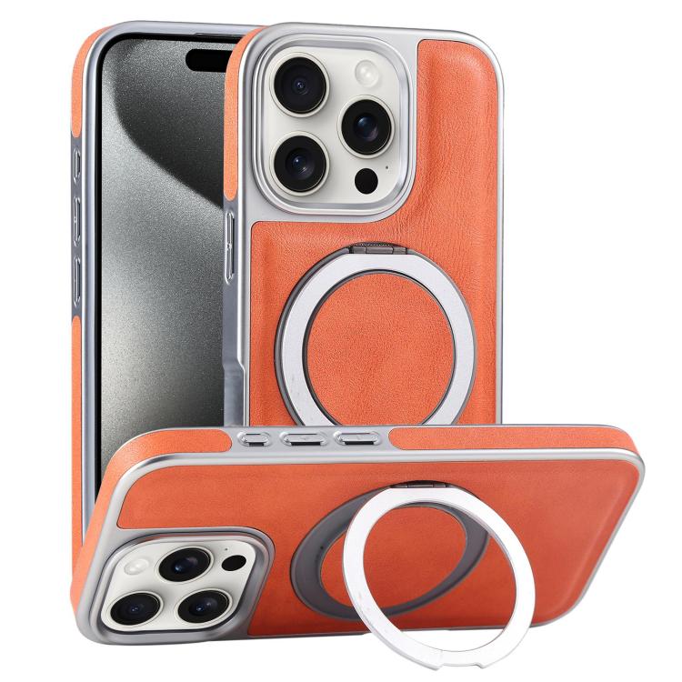 For iPhone 15 Pro Plated Leather Grain Rotation MagSafe Holder Phone Case