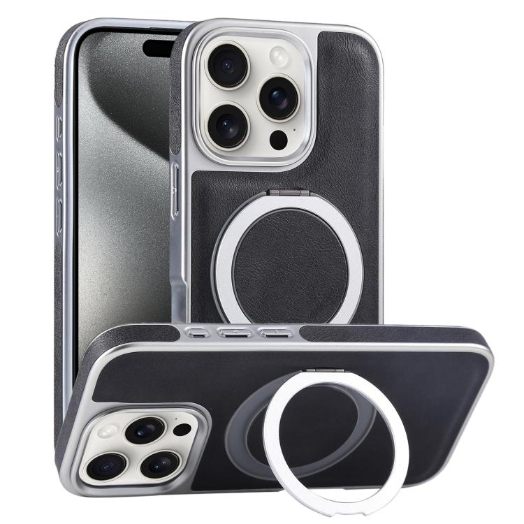 For iPhone 15 Pro Plated Leather Grain Rotation MagSafe Holder Phone Case