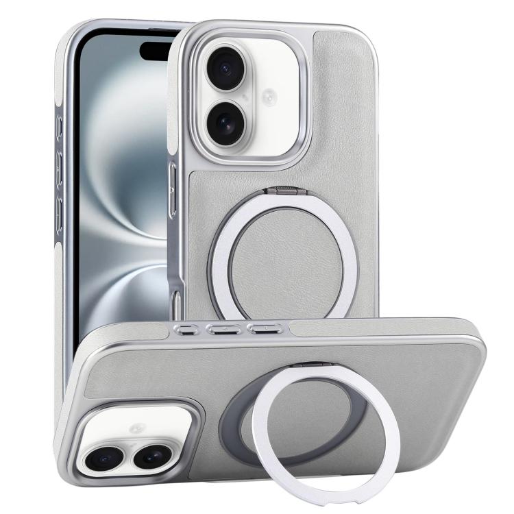 For iPhone 16 Plus Plated Leather Grain Rotation MagSafe Holder Phone Case