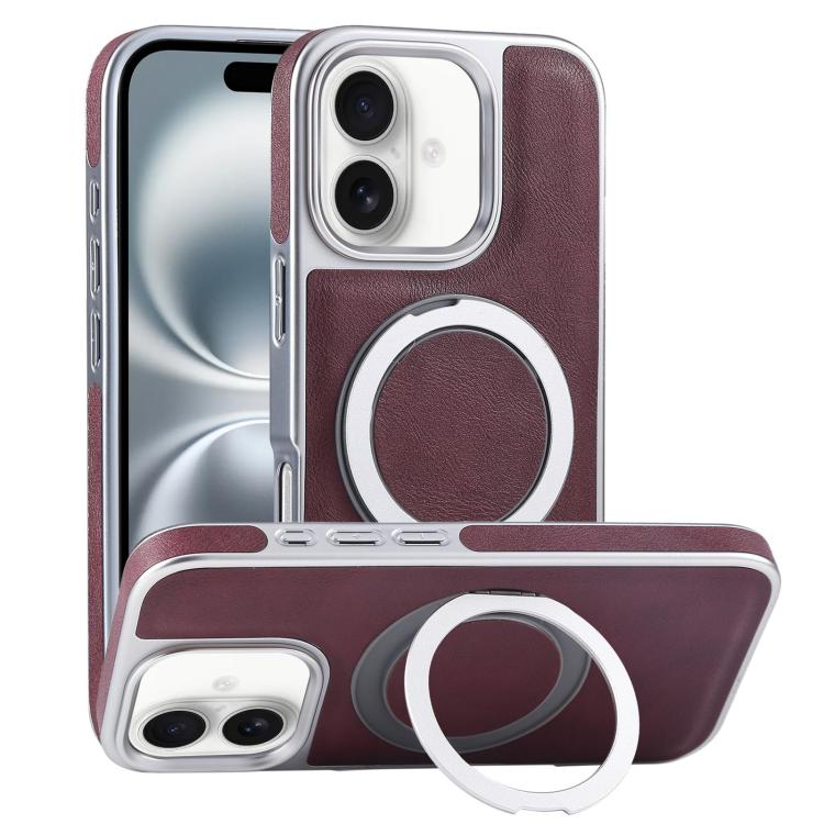For iPhone 16 Plus Plated Leather Grain Rotation MagSafe Holder Phone Case