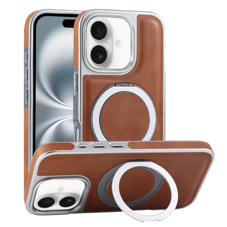 For iPhone 16 Plus Plated Leather Grain Rotation MagSafe Holder Phone Case