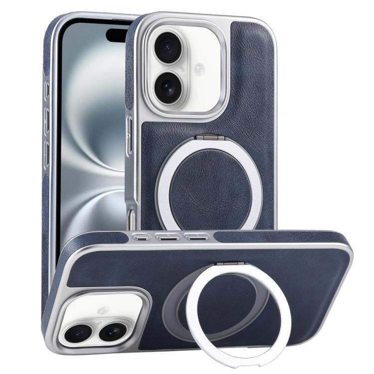 For iPhone 16 Plus Plated Leather Grain Rotation MagSafe Holder Phone Case