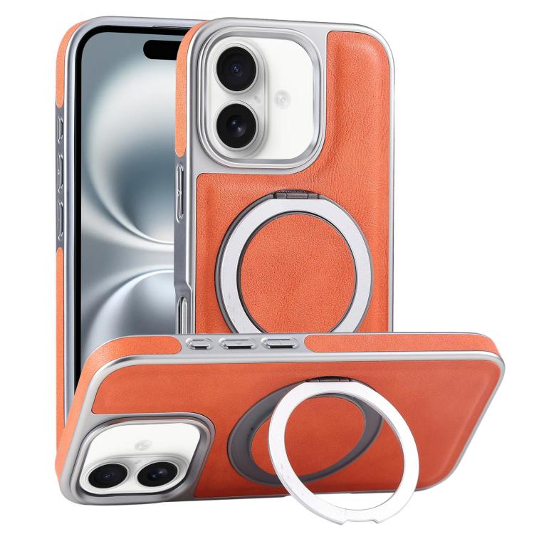 For iPhone 16 Plus Plated Leather Grain Rotation MagSafe Holder Phone Case