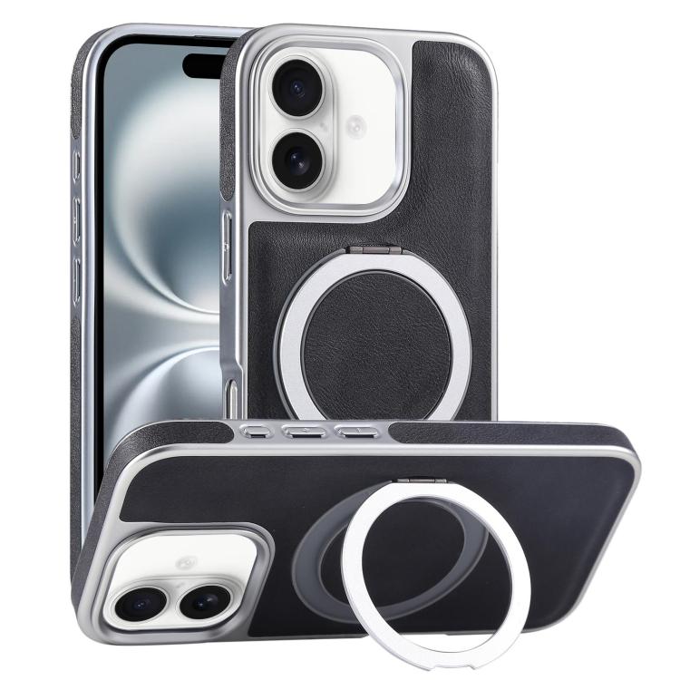 For iPhone 16 Plus Plated Leather Grain Rotation MagSafe Holder Phone Case